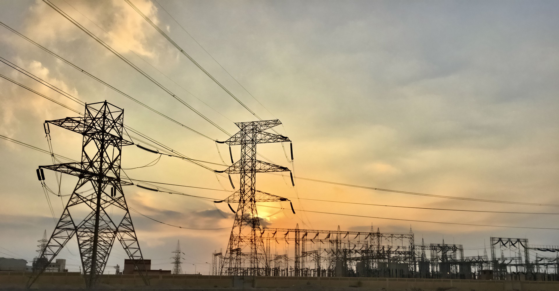 Electrical distribution substation at sunrise