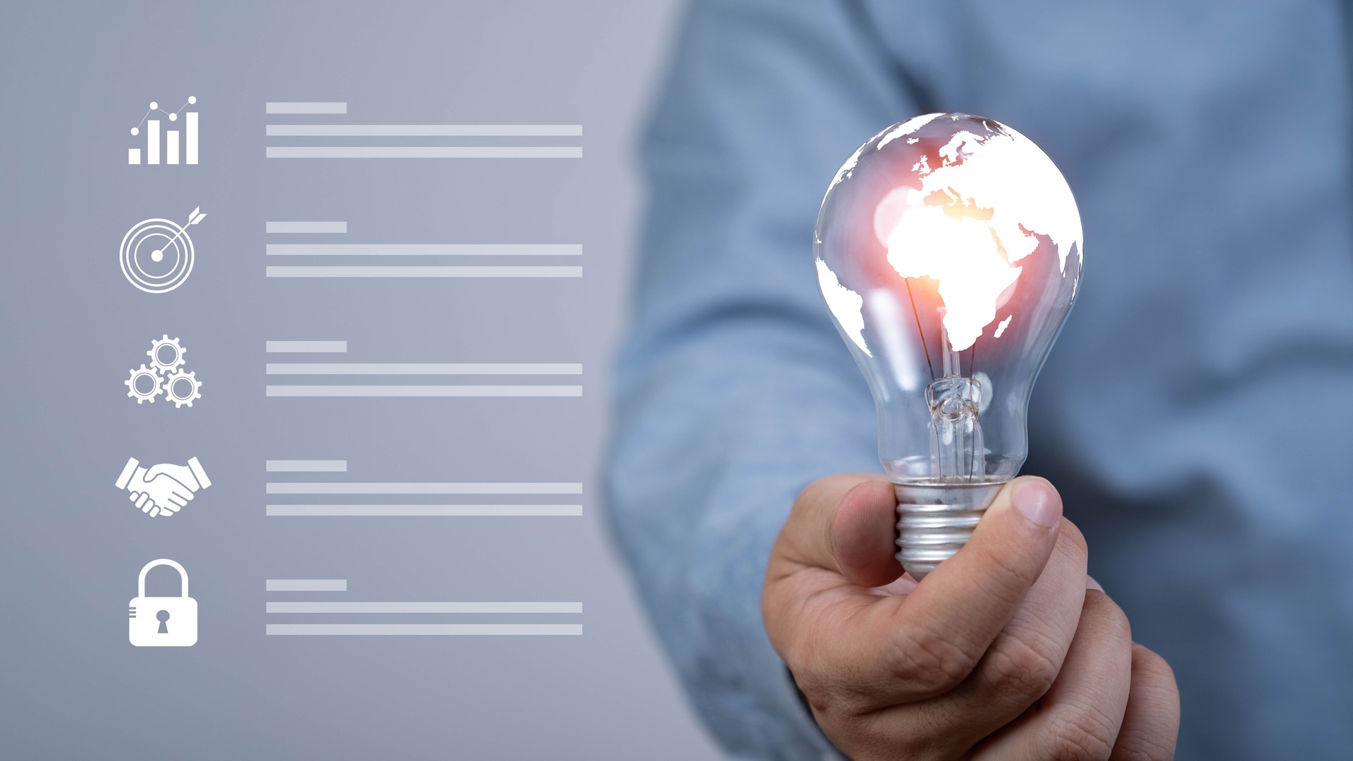 An individual holds a glowing light bulb with a map of Africa, symbolizing innovation and ideas, alongside various icons representing business metrics and collaboration.