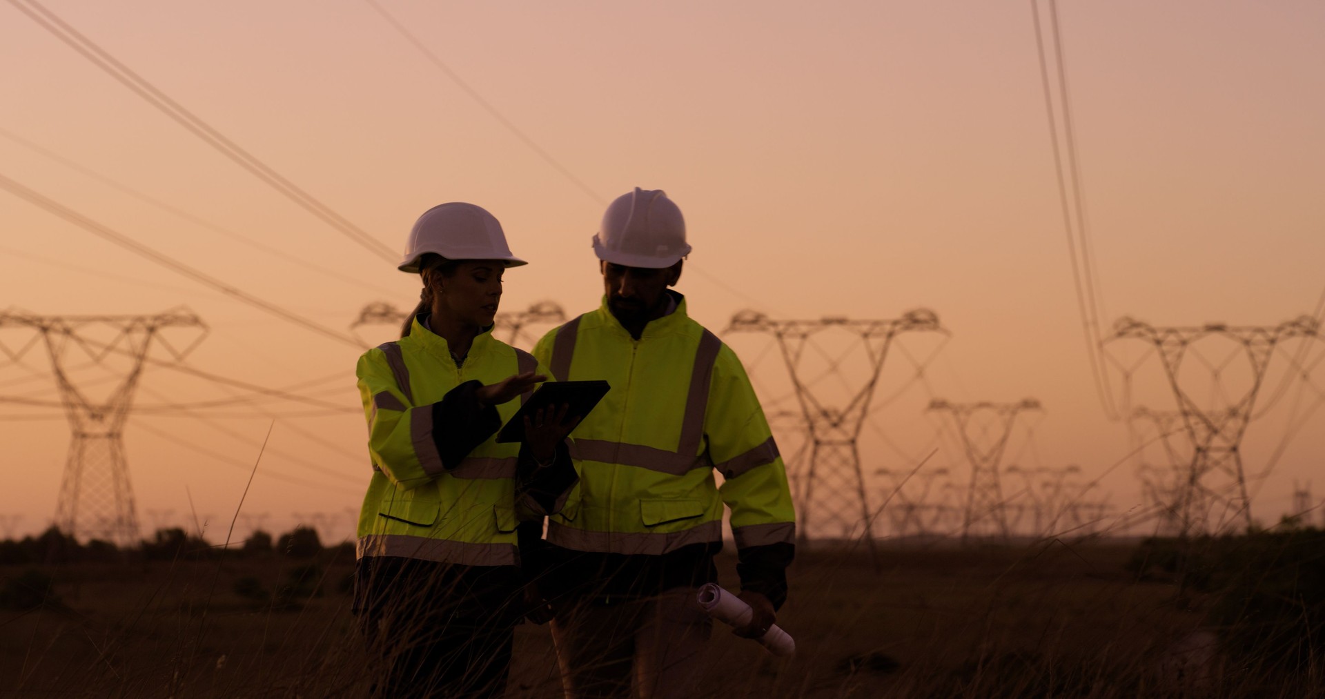 Power lines, tablet and people in discussion for electricity, circuit and voltage infrastructure. Engineering, teamwork and technicians on digital tech for online maintenance of wires, grid and cable